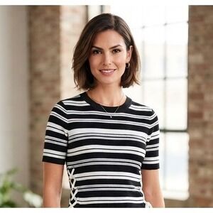 White‎ House Black Market Striped Short Sleeve Sweater Black White XS
